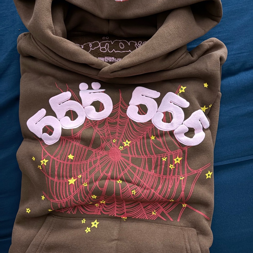 Brown Hoodie with Pink and Yellow Star Graphic Sp5der